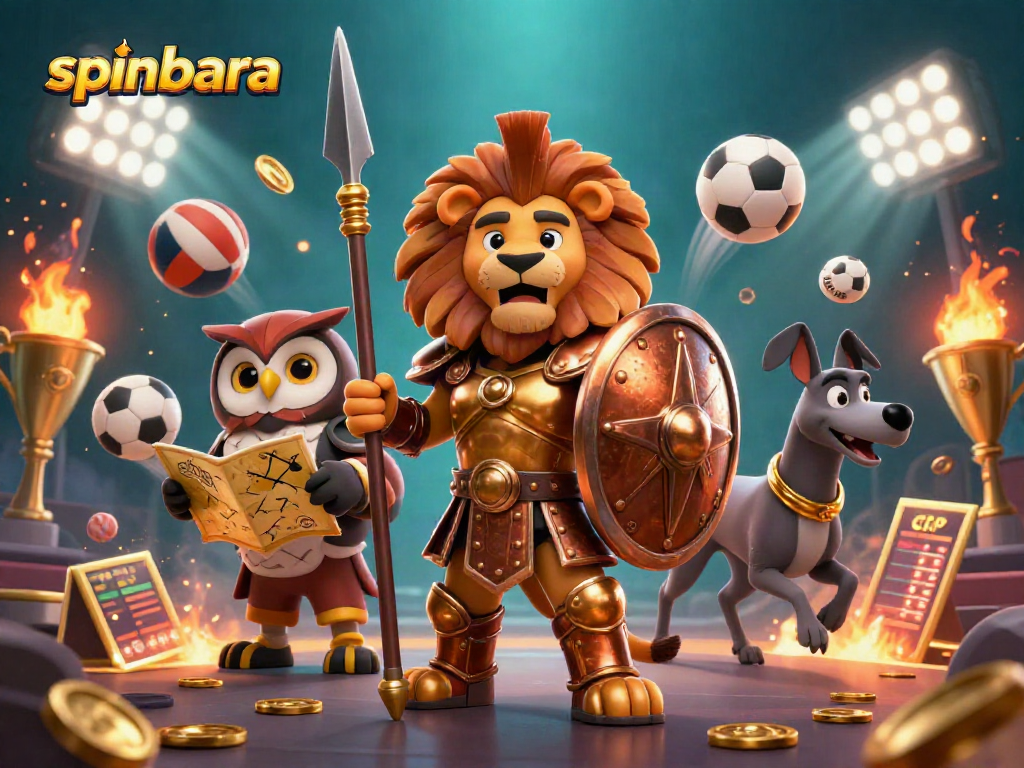 Spinbara casino showcases a vibrant 3D depiction featuring a Spartan lion, owl strategist, and greyhound amidst dynamic game elements.