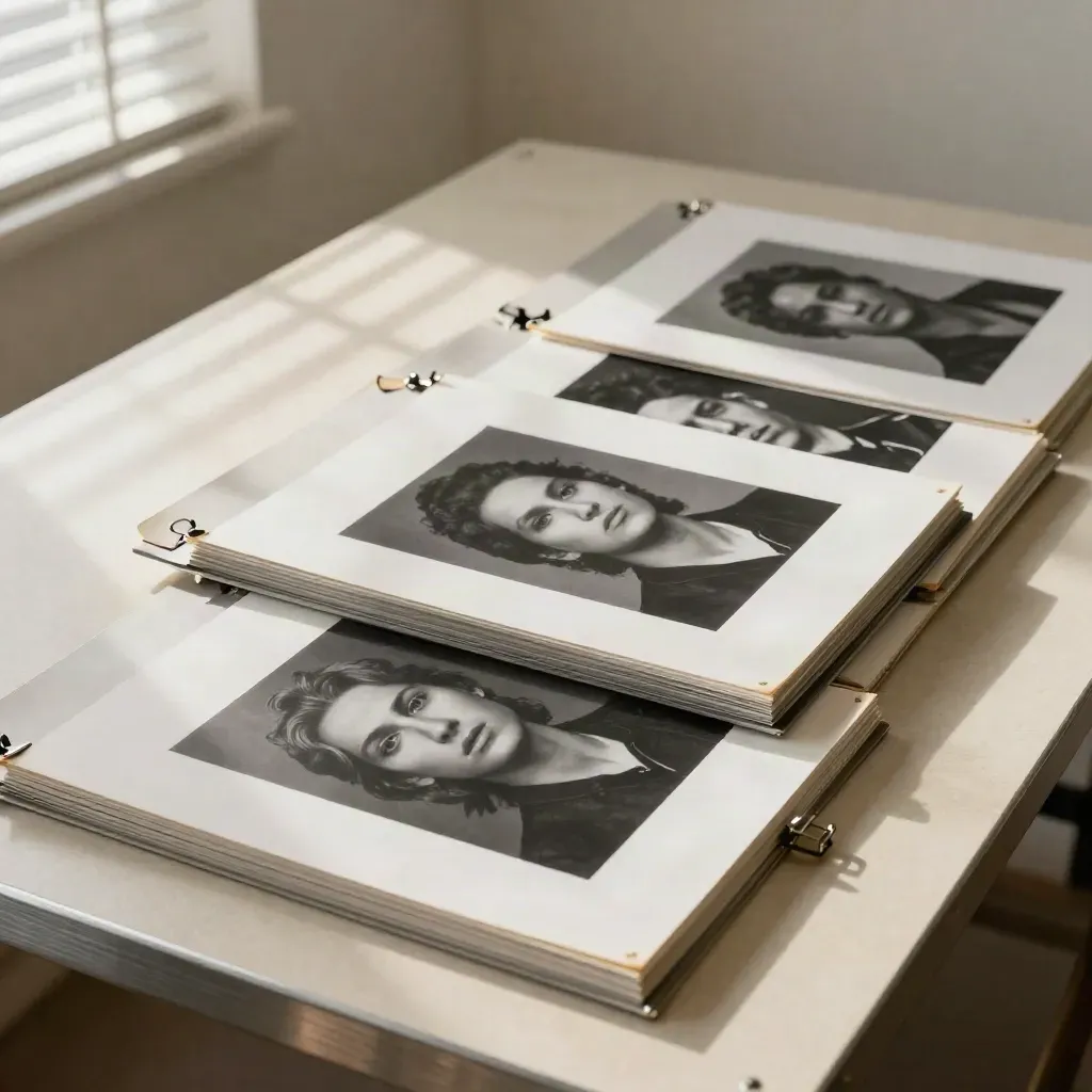 Pruebas de reparto en blanco y negro sobre una mesa, con marcos y sobres neutros bajo luz de persiana.
