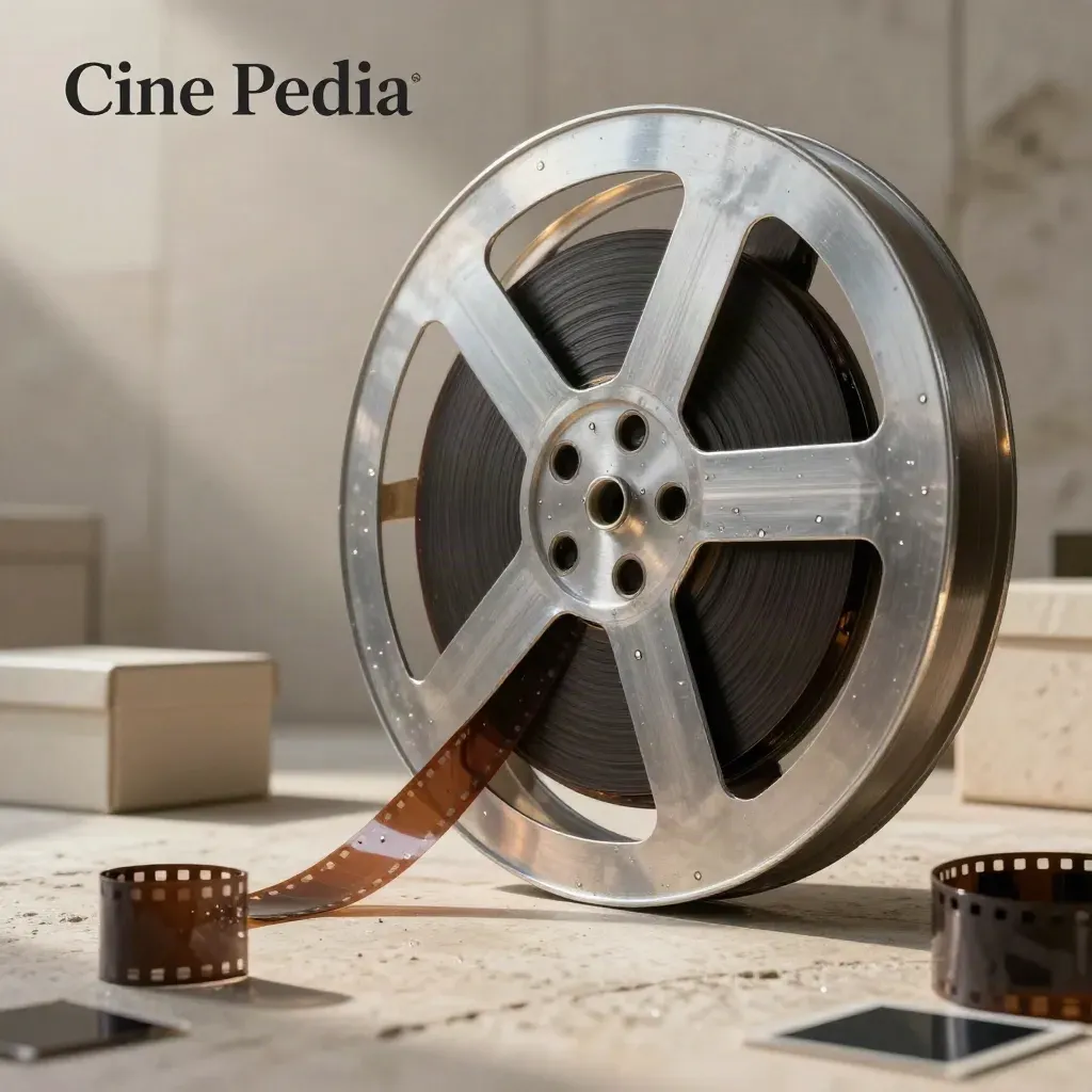 Carrete de película gigante en sala de piedra, con celuloide y cajas de archivo bajo luz dorada.