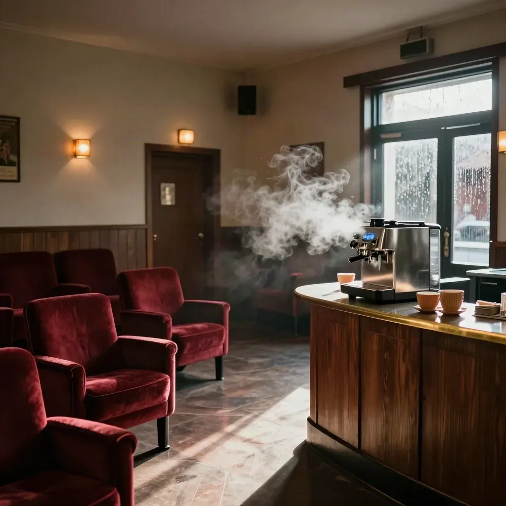 Vestíbulo de cine de autor vacío con cafetera, mostrador y luz de lluvia.