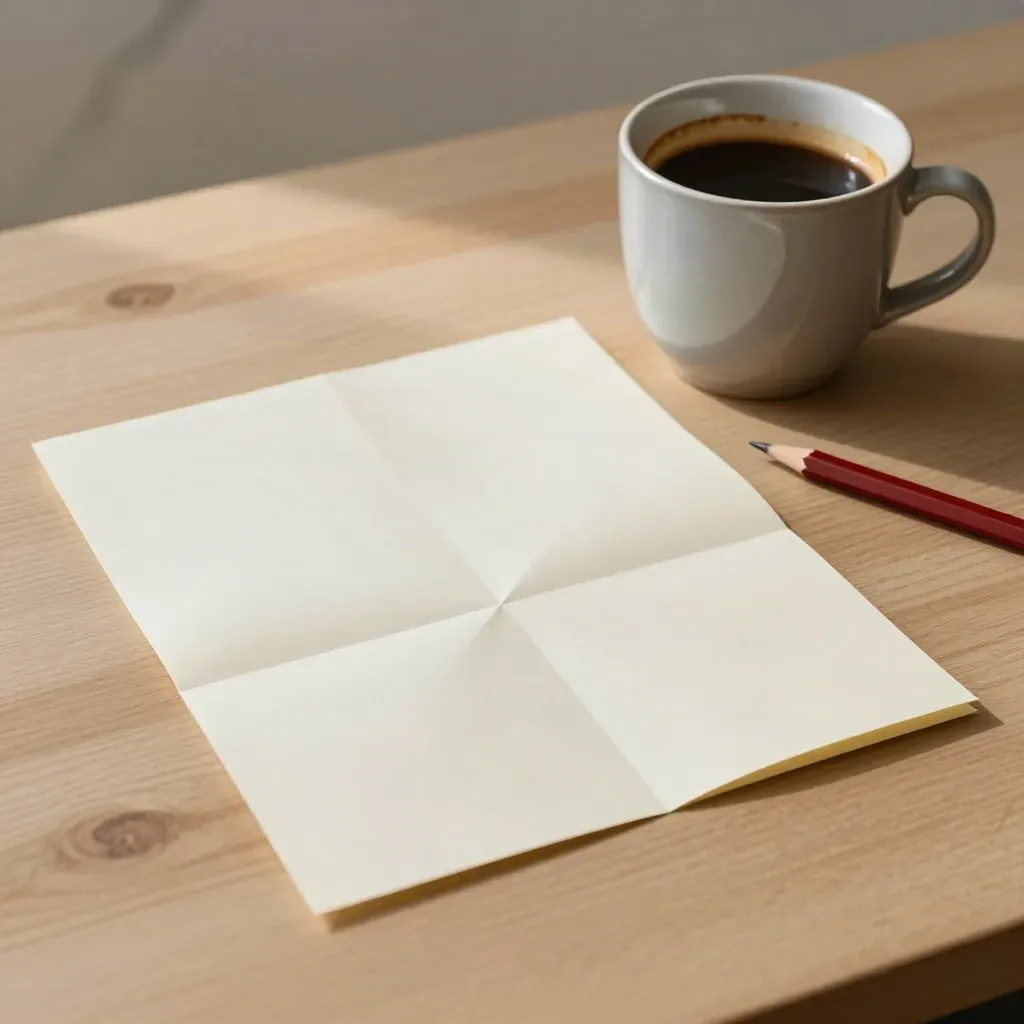 Tres notas dobladas, un lápiz rojo gastado y una taza con café sobre mesa de madera clara.