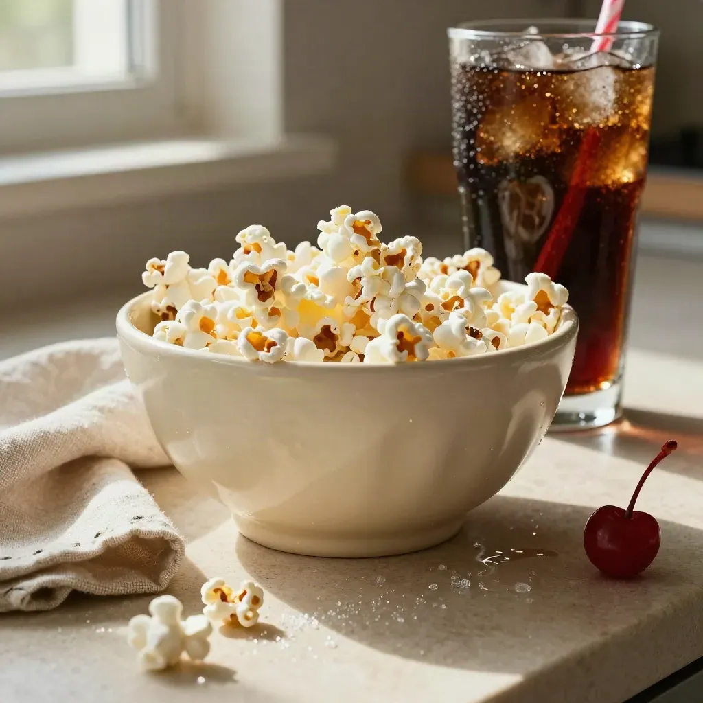 Cuenco de palomitas vacío, vaso con hielo y servilleta arrugada sobre encimera luminosa.