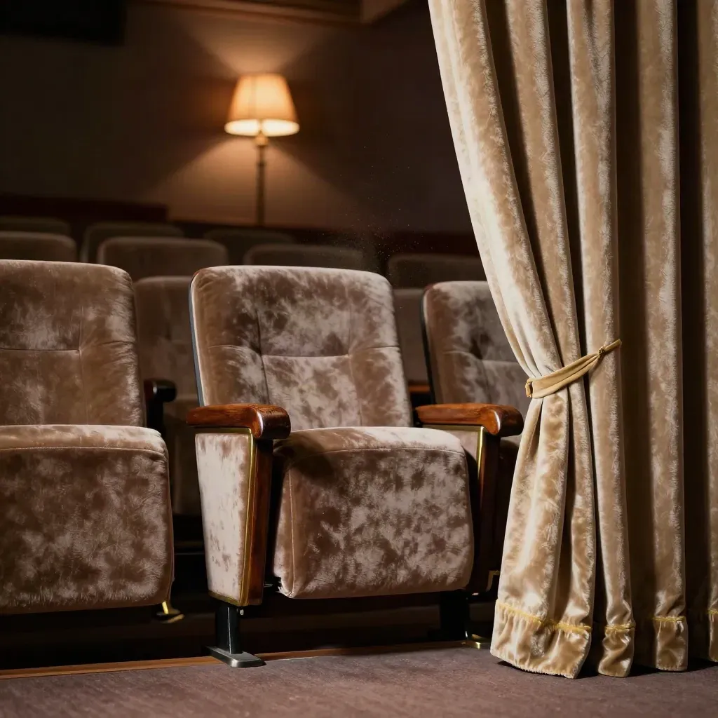Sillón de teatro vacío bajo cortinas pesadas y luz lateral cálida en una sala silenciosa.