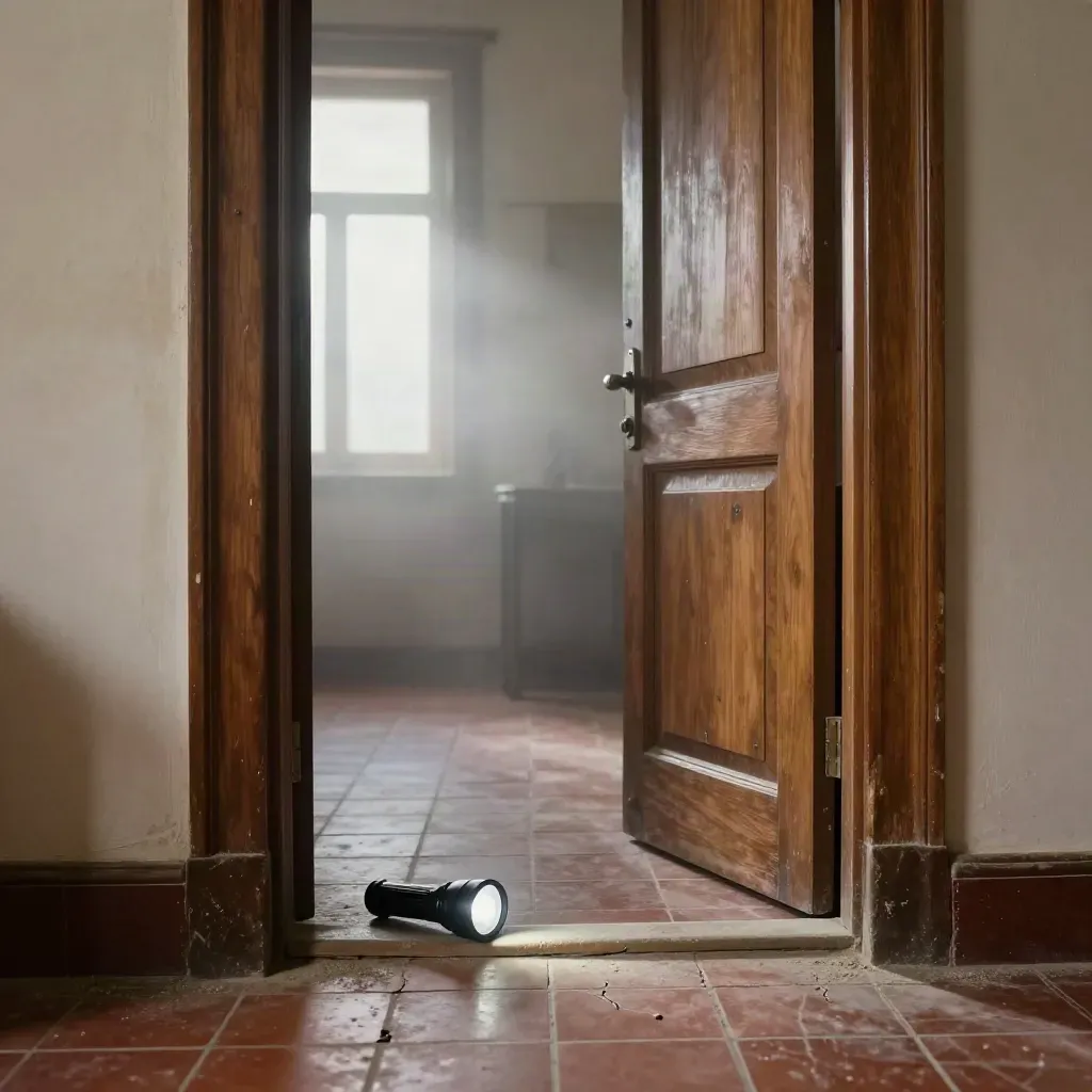 Puerta entreabierta en casa antigua con niebla saliendo y una linterna apagada en el suelo.