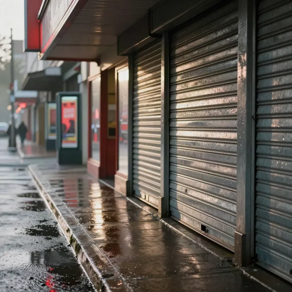 Calle de cine de barrio húmeda al amanecer, con persianas metálicas y carteles desenfocados.