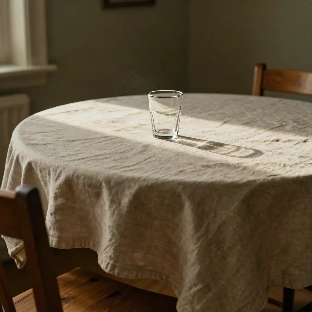Mesa austera con mantel arrugado, vaso medio lleno y silla retirada en luz cálida.