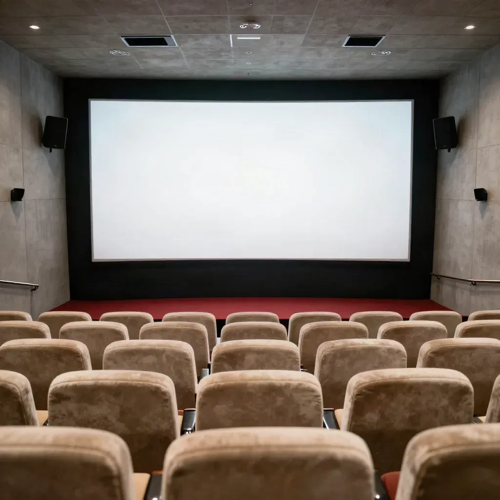 Sala de cine vacía con pantalla apagada, altavoces discretos y luz rasante con neblina suave.