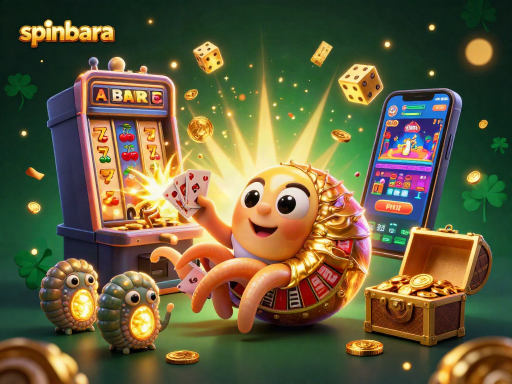 Spinbara casino illustration showcasing a giant nautilus roulette wheel surrounded by vibrant game elements and glowing treasure.