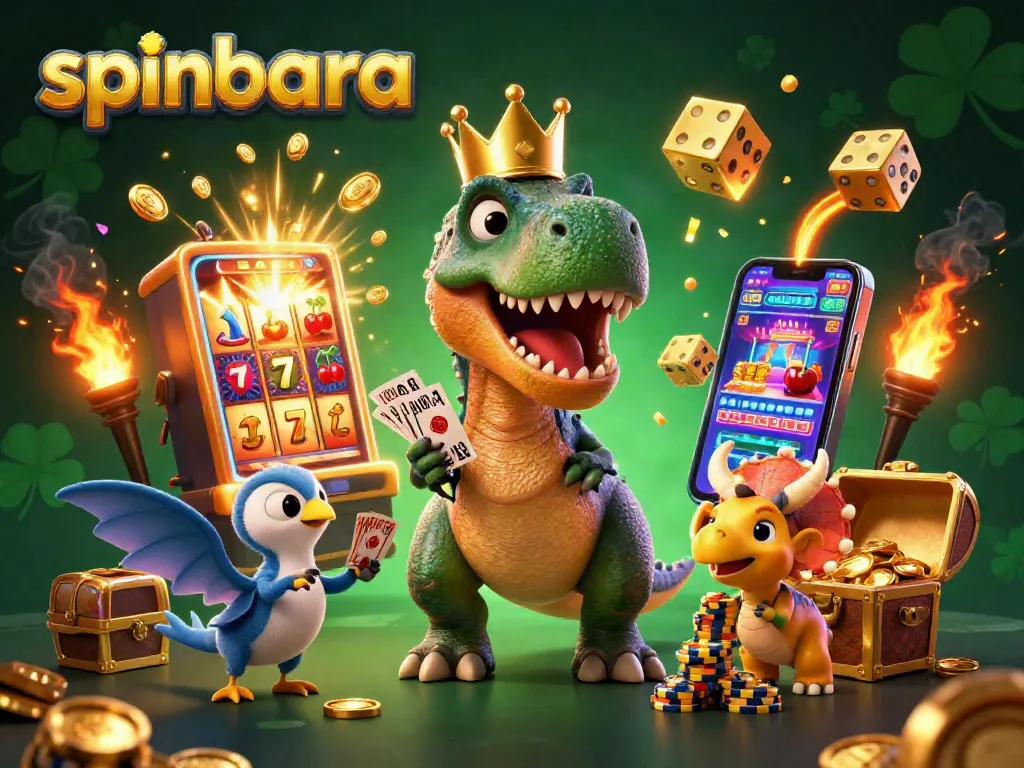 Experience the thrill at Spinbara Casino with an exciting scene of animated characters and games.