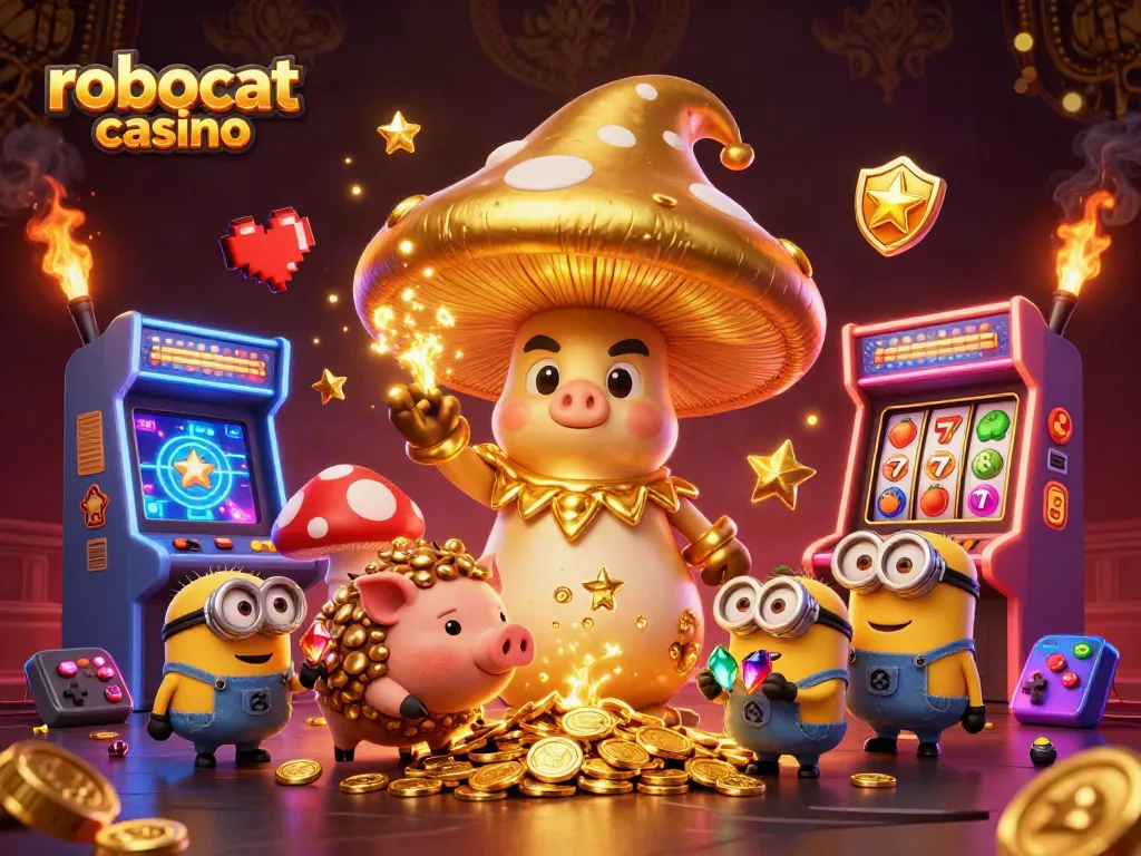 Robocat casino features a golden mushroom wizard with gaming elements, embodying vibrant casino excitement
